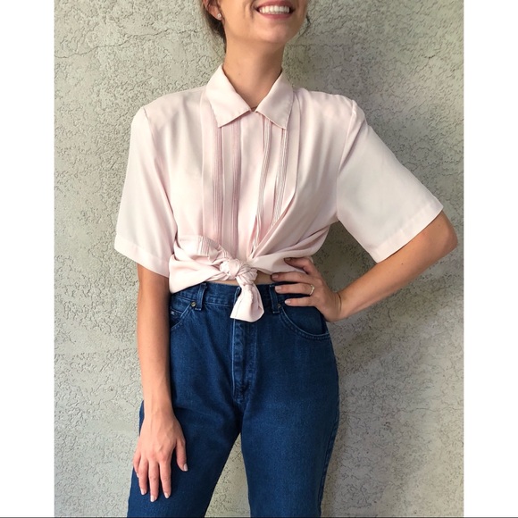 Tops - VINTAGE | Pleated front pastel pink minimalist top